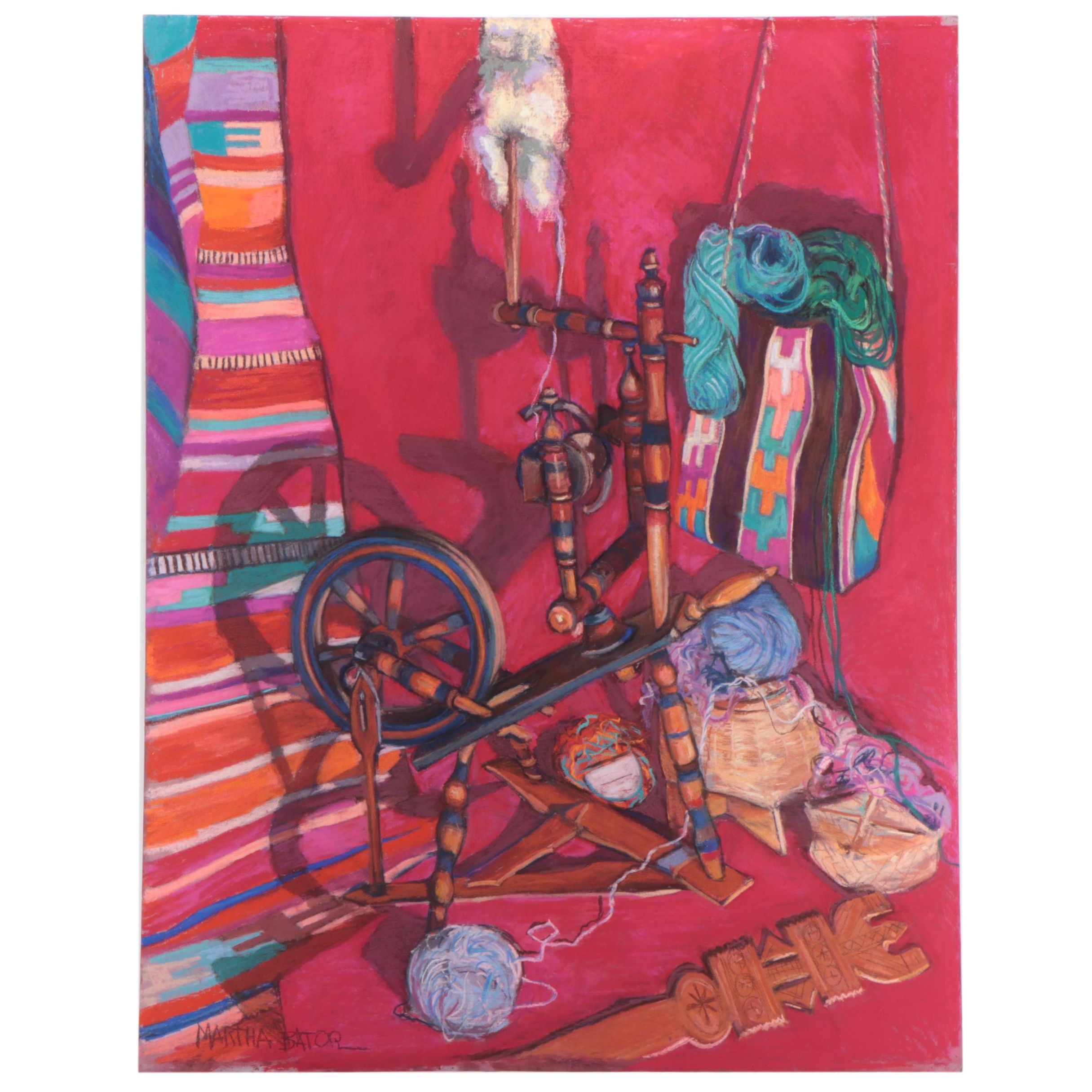 Martha Bator Still Life Pastel Drawing of a Spinning Wheel