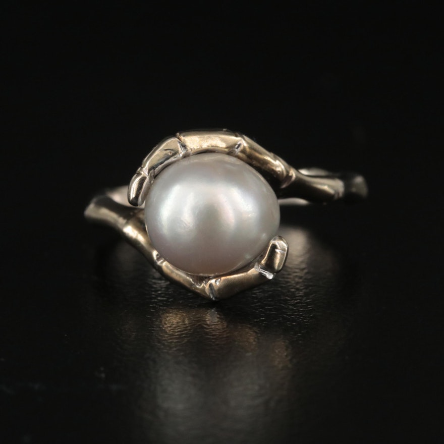 Vintage 14K Pearl Bamboo Patterned Ring