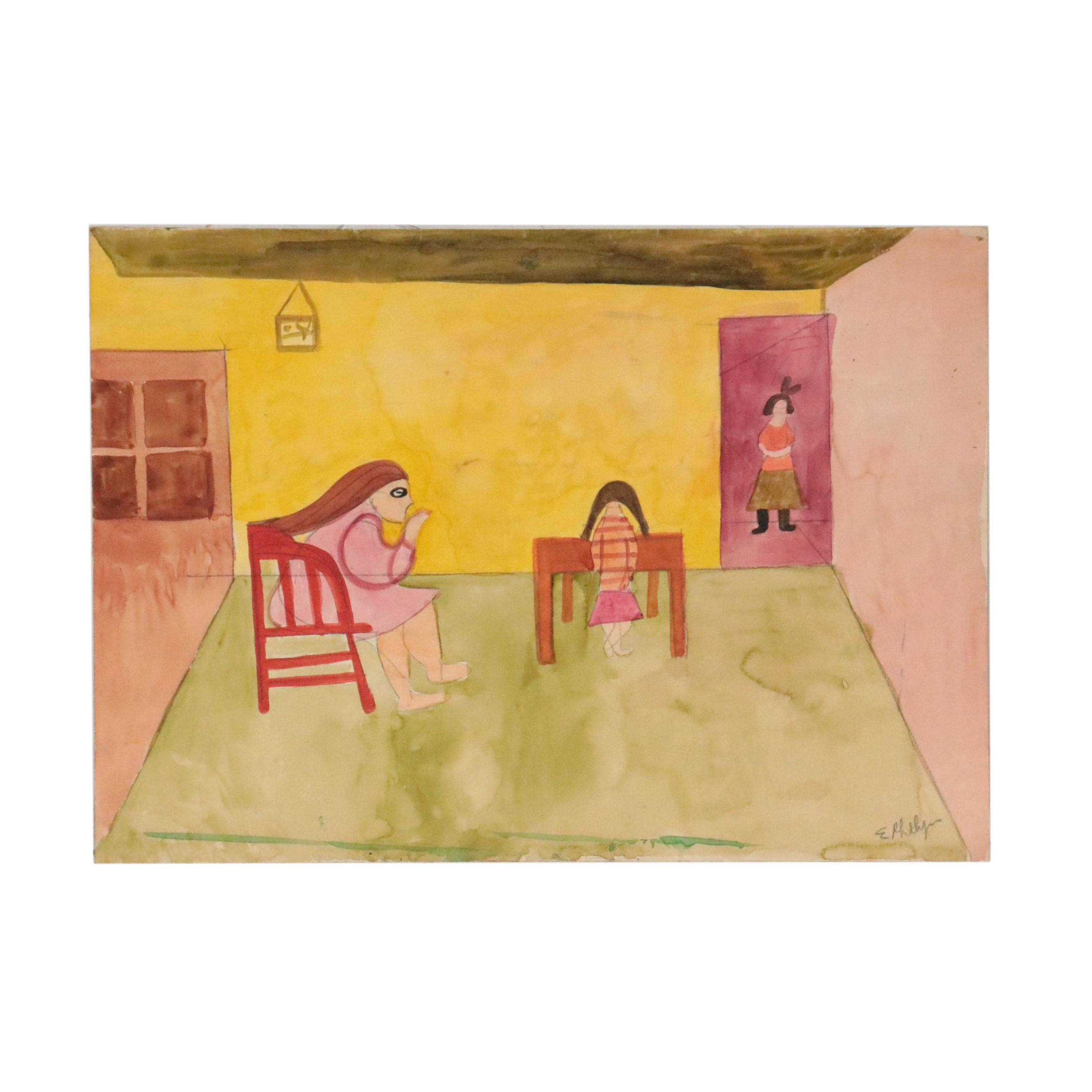 Esther Phillips Double-Sided Figural Watercolor Painting, Mid 20th Century