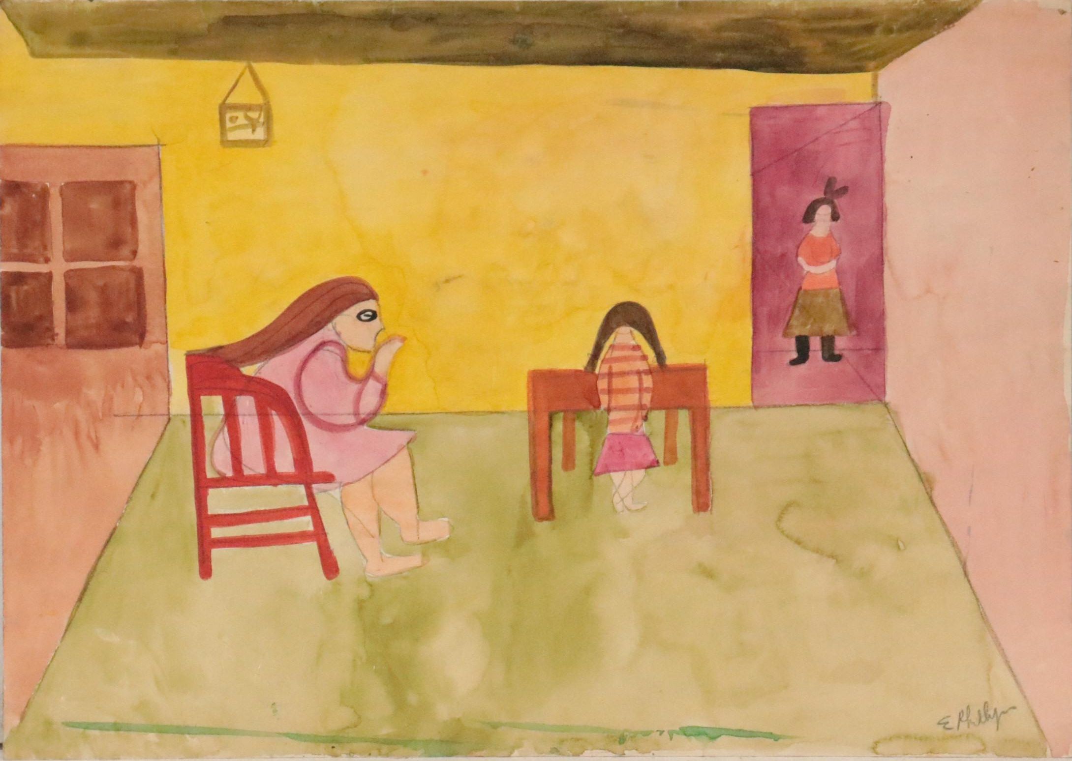 Esther Phillips Double-Sided Figural Watercolor Painting, Mid 20th Century