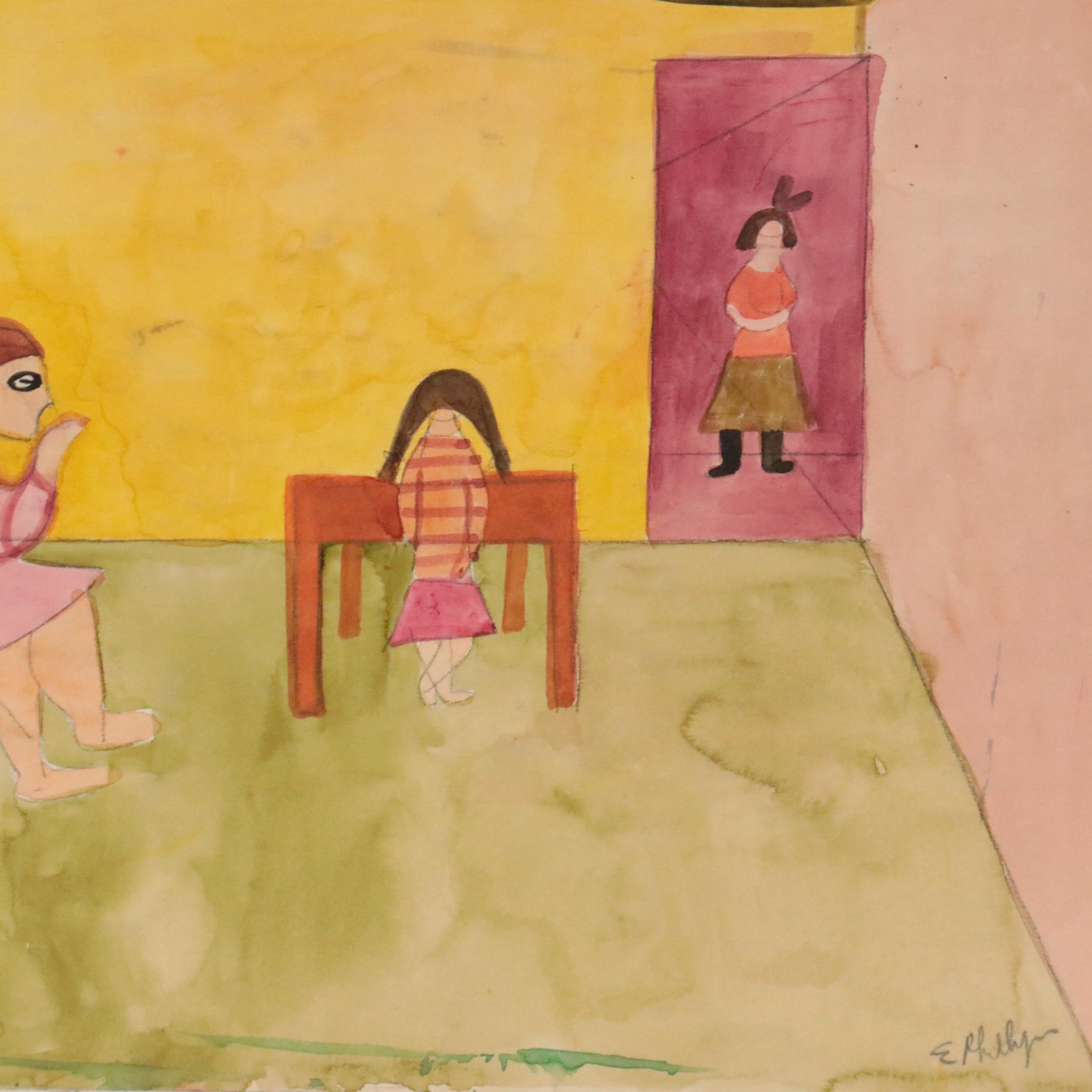 Esther Phillips Double-Sided Figural Watercolor Painting, Mid 20th Century