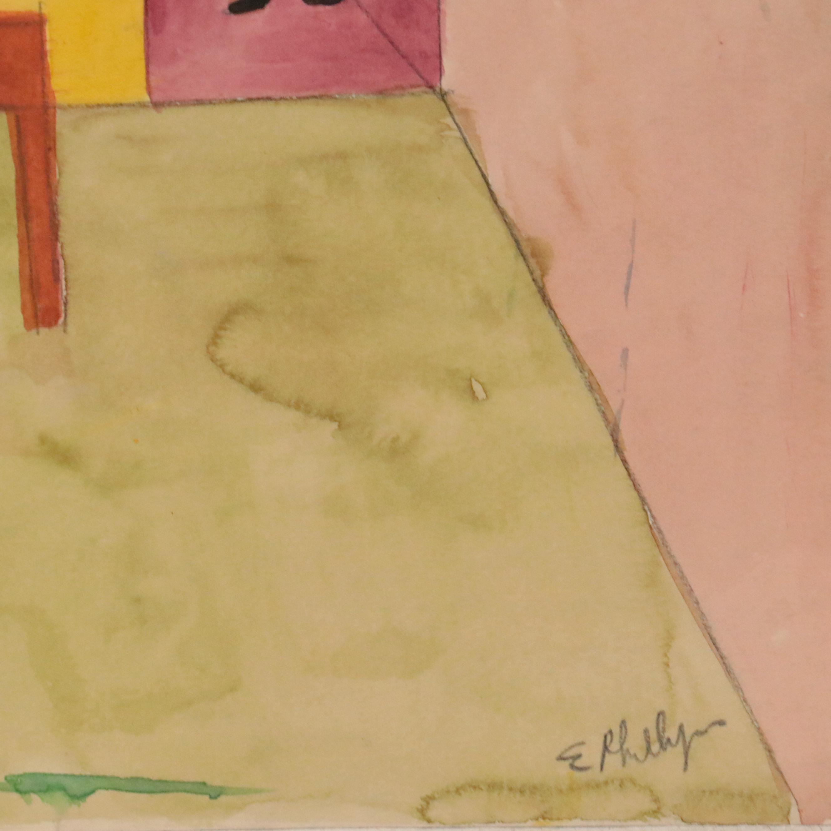 Esther Phillips Double-Sided Figural Watercolor Painting, Mid 20th Century