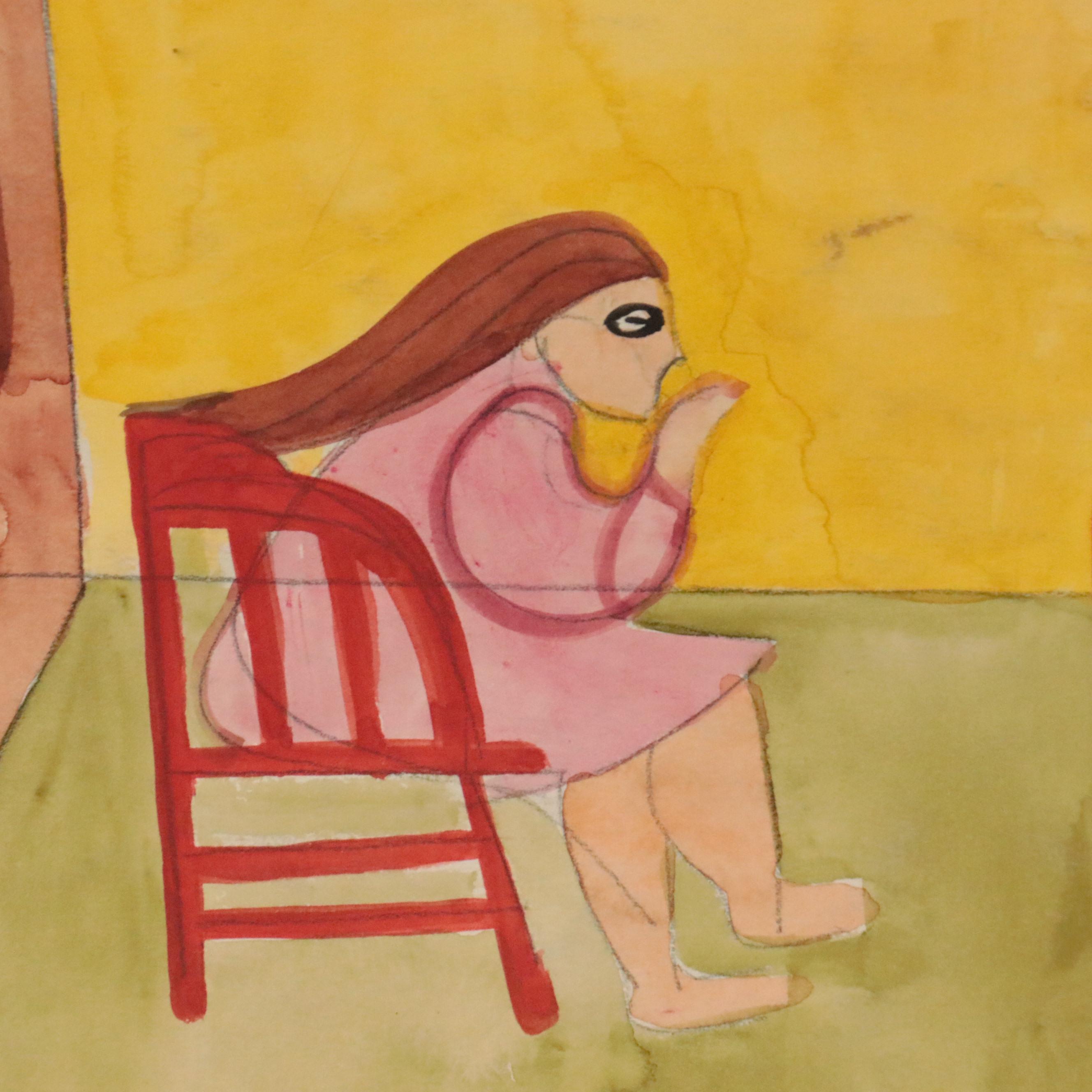 Esther Phillips Double-Sided Figural Watercolor Painting, Mid 20th Century