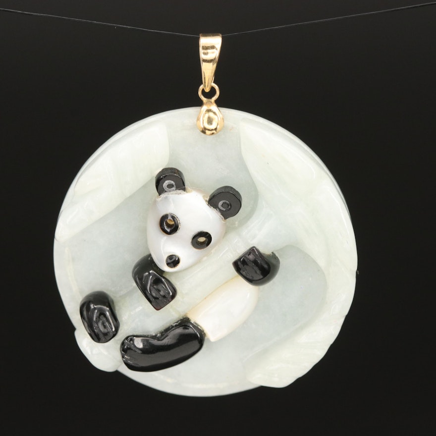 14K Jadeite and Gemstone Panda and Bamboo Pendant