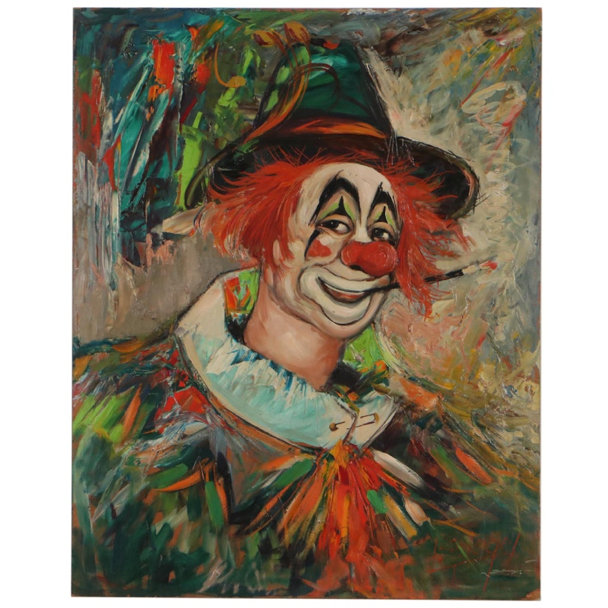 Louis Spiegel Oil Portrait of Clown, Mid-20th Century