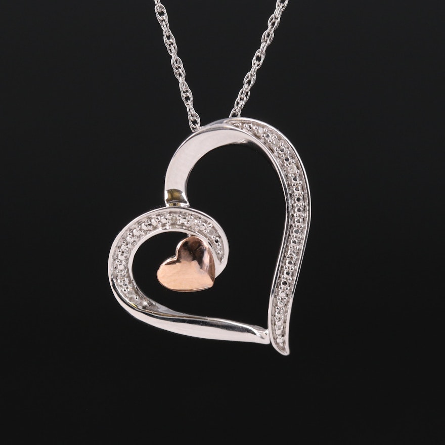 Sterling Diamond Heart Pendant Necklace with 10K Heart Accent