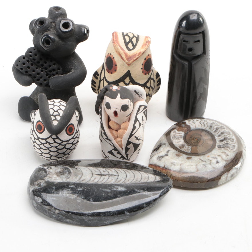 Southwestern Art Pottery Figurines with Polished Cephalopod Fossils