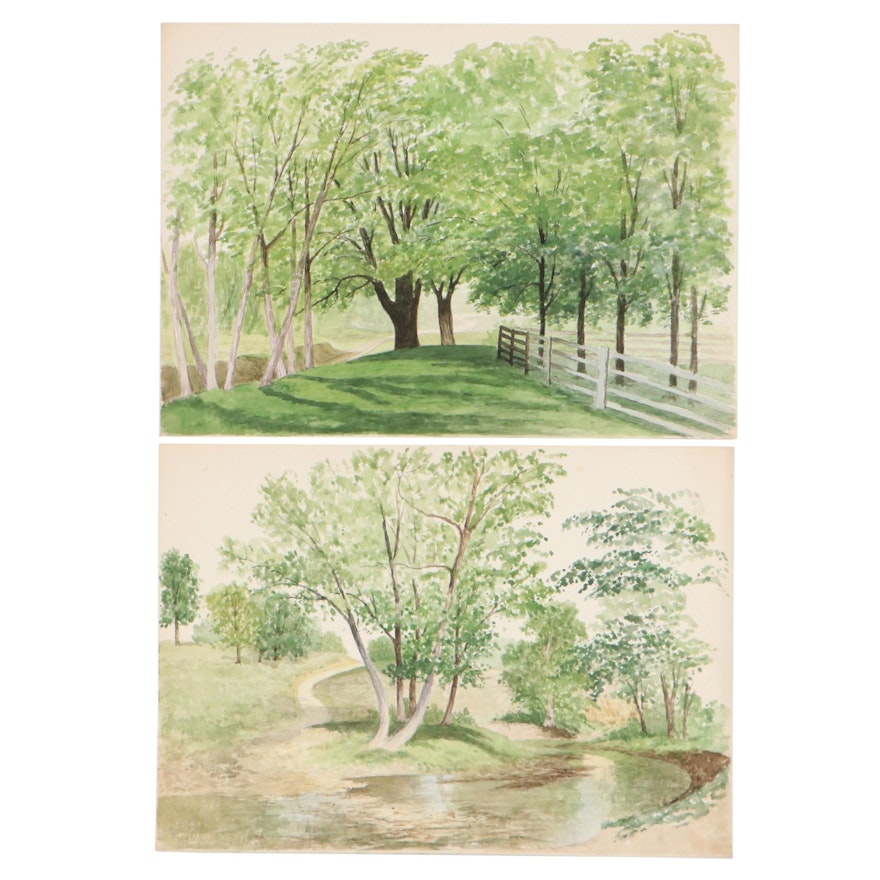 Forest Landscape Watercolor Paintings Attributed to Emma Mendenhall, Circa 1900