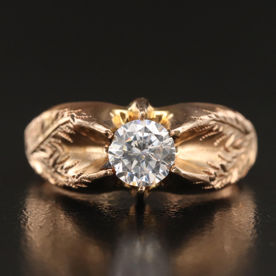 Antique 10K Rose Gold Cubic Zirconia Belcher Ring with Foliate Detail