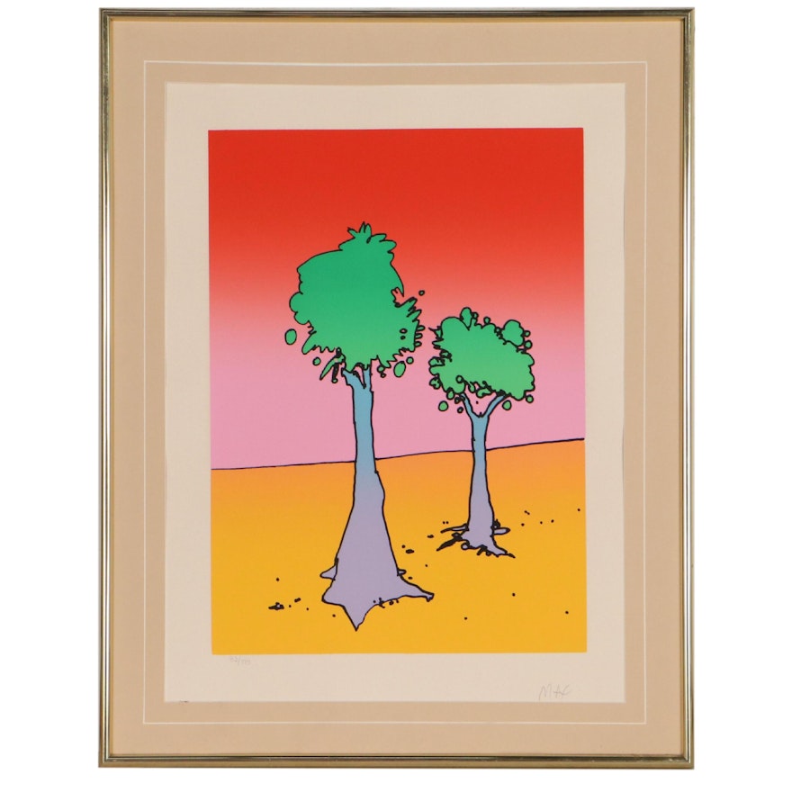 Peter Max Serigraph of Two Trees "On a Yellow Planet"