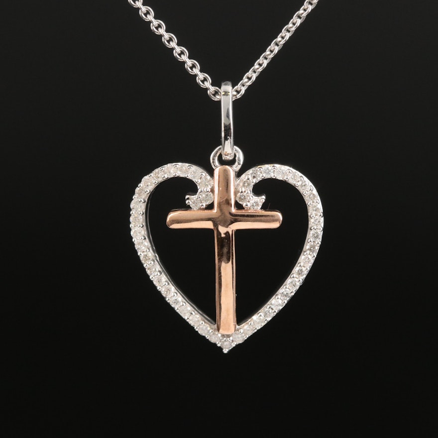 Sterling Diamond Cross and Heart Necklace with 10K Rose Gold Accent