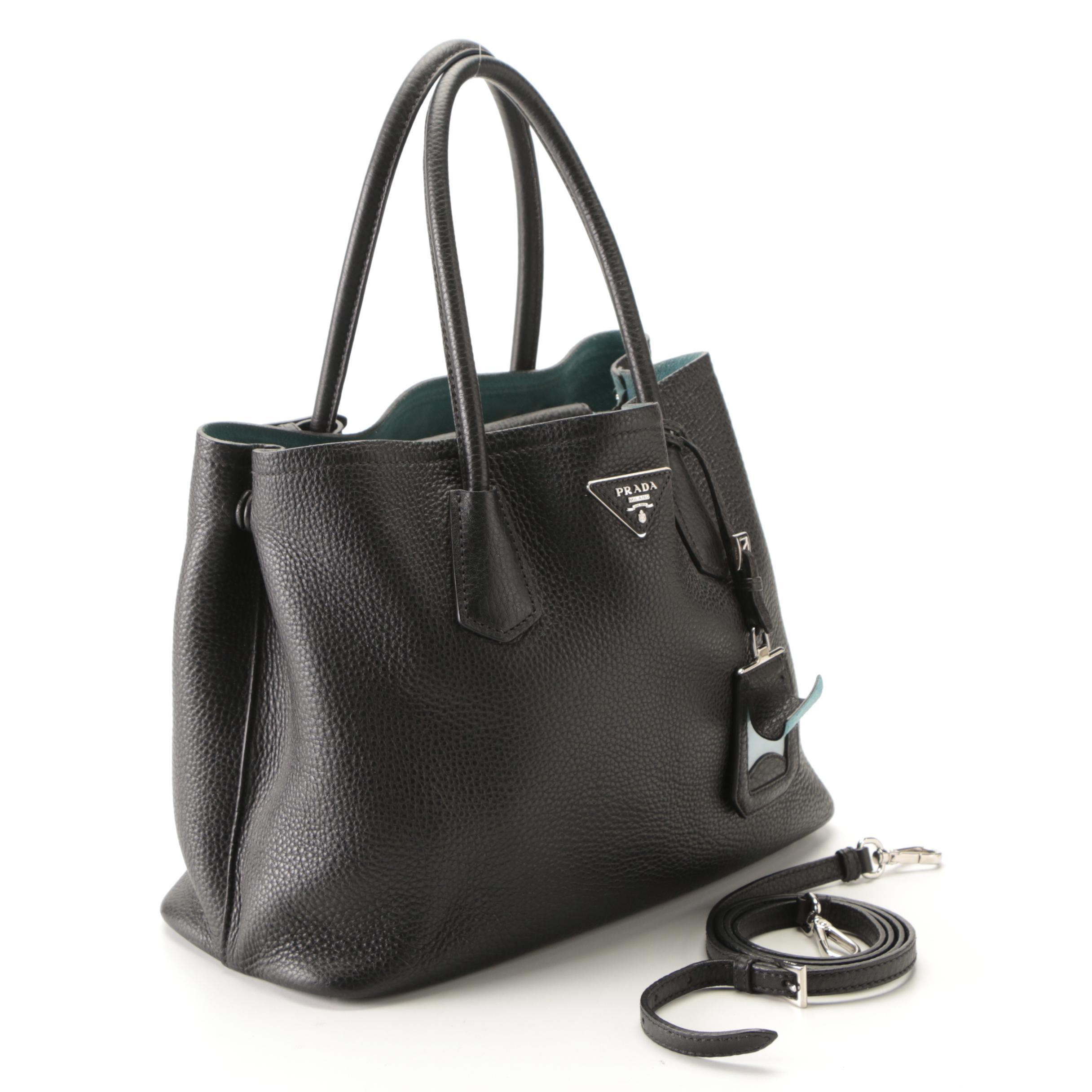 Prada Medium Double Tote in Black Deerskin Leather with Detachable Strap