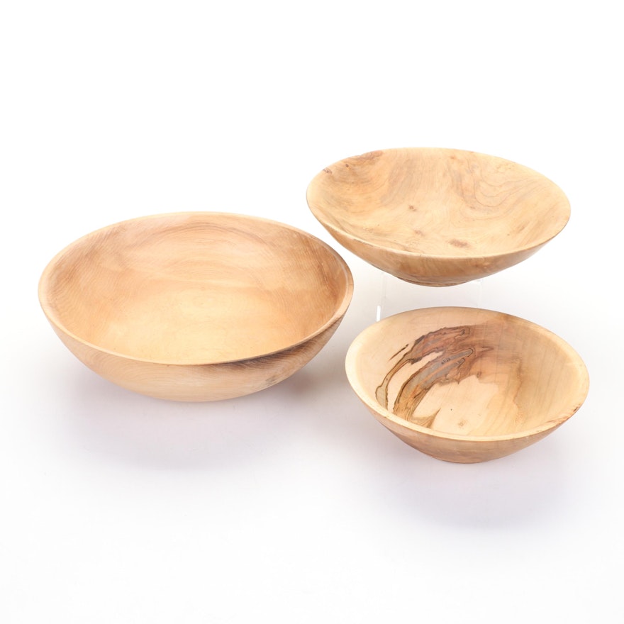 Jim Eliopulos Turned Maple, Maple Burl and Cherry Wood Bowls