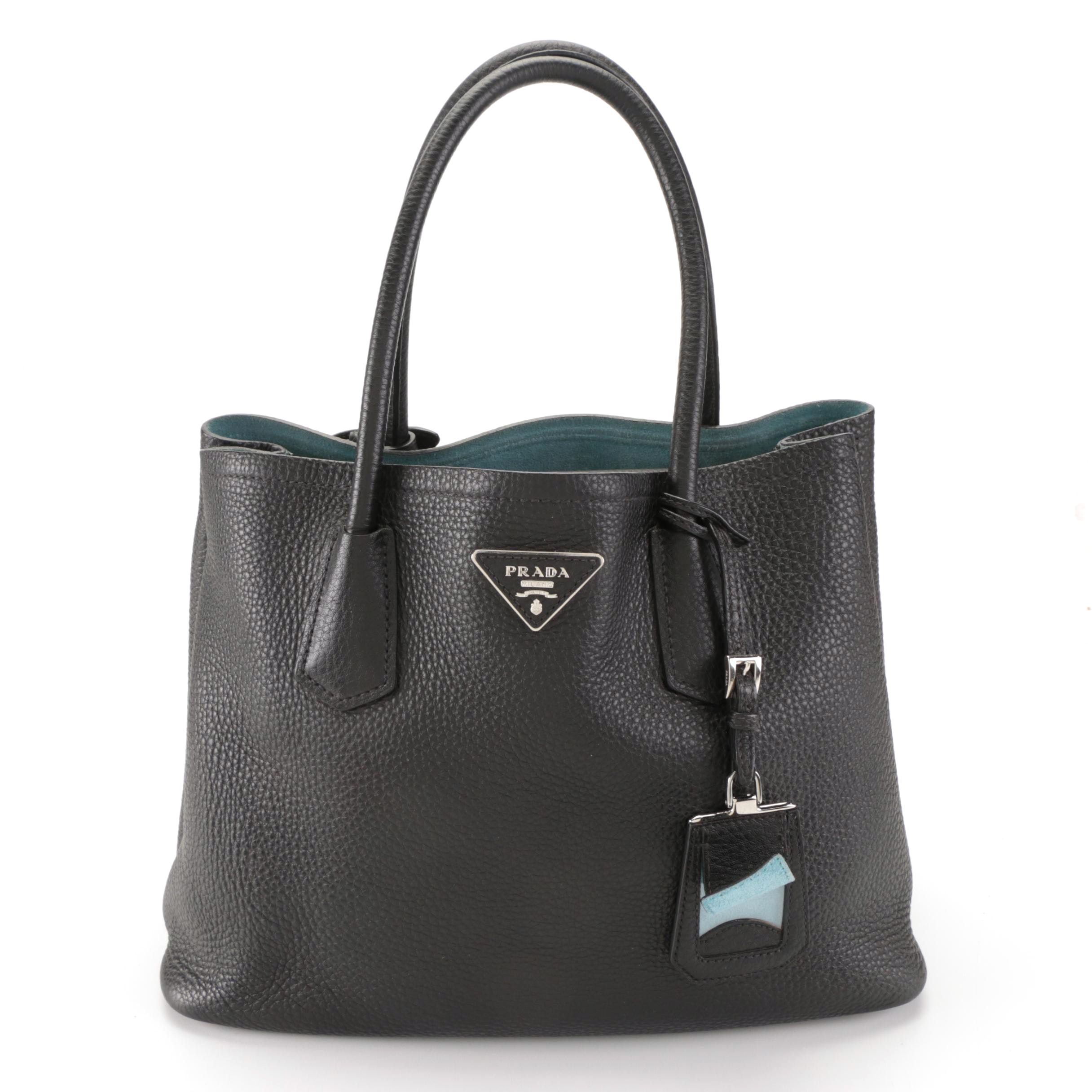 Prada Medium Double Tote in Black Deerskin Leather with Detachable Strap