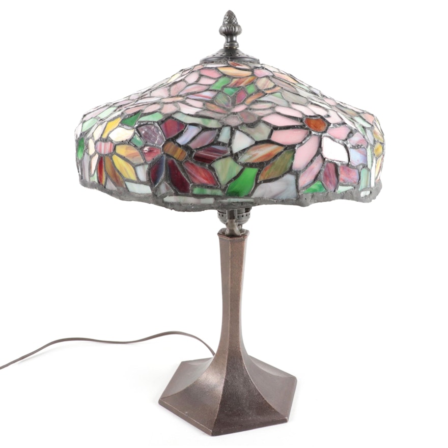 Art Nouveau Cast Metal and Slag Glass Shade Table Lamp, Late 20th Century