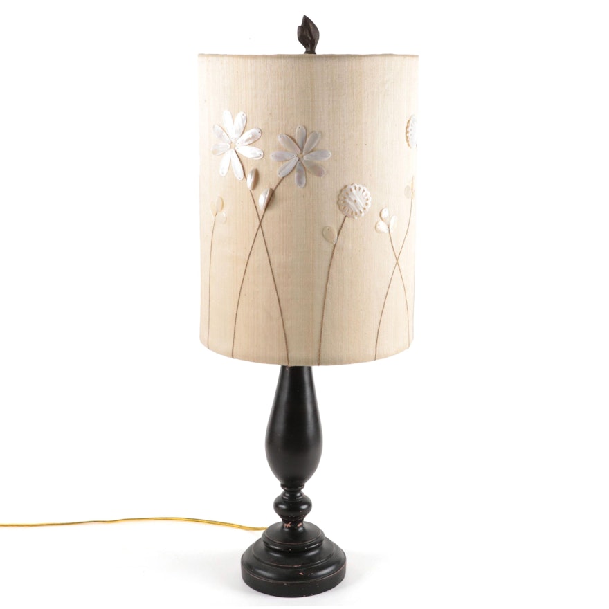 Ebonized and Turned Wood Table Lamp With MOP Embellished Drum Shade