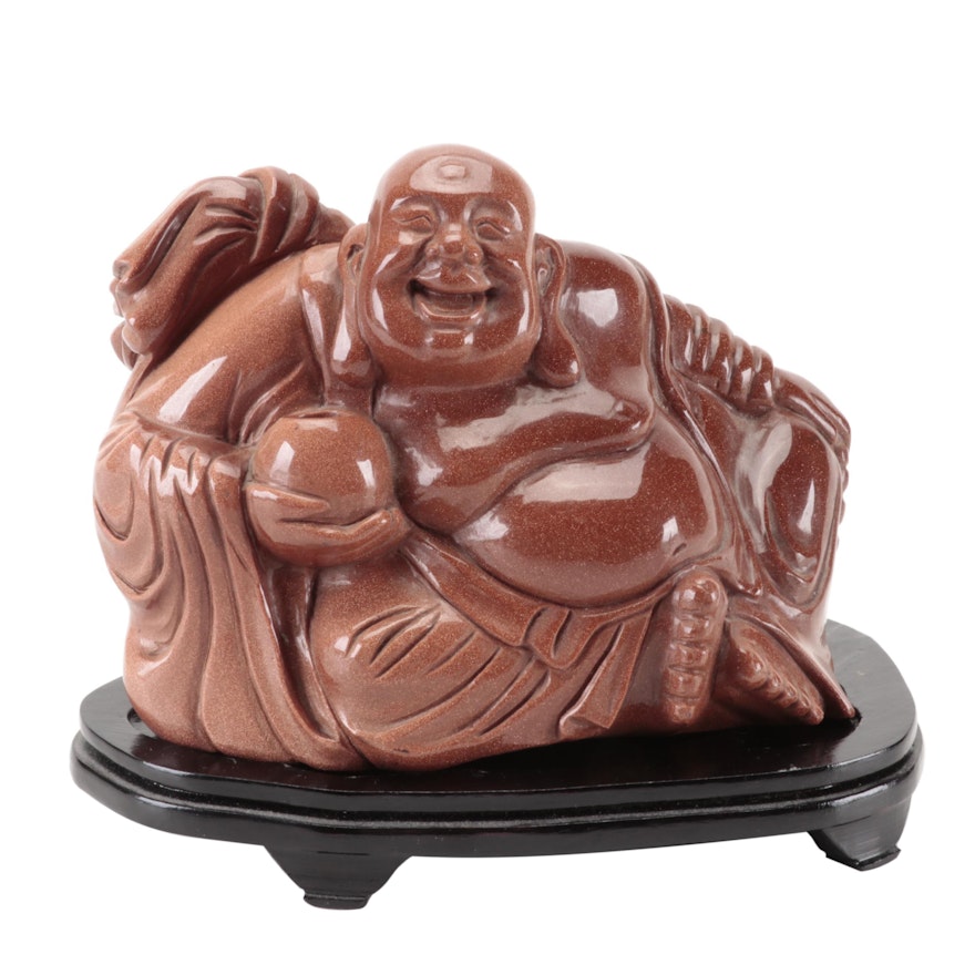 Chinese Carved Goldstone Glass Budai Figurine