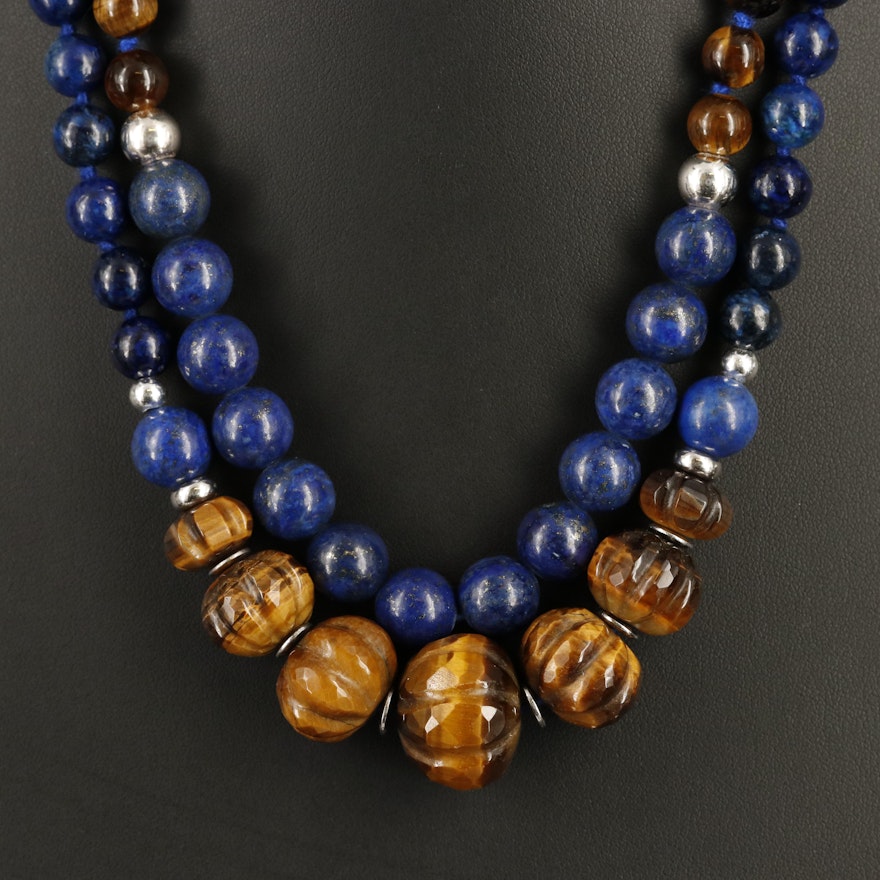 Carved Bead Necklaces Inlcuding Tiger's Eye, Lapis Lazuli and Sterling Clasp