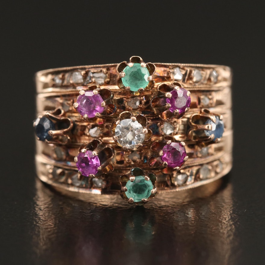 14K Ruby, Emerald, Sapphire and Diamond Buttercup Set Harem Ring