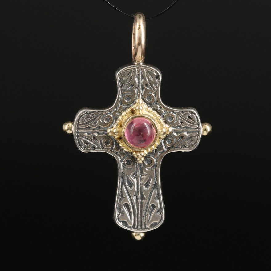 Konstantino Sterling Pink Tourmaline Cross Pendant with 18K Accent