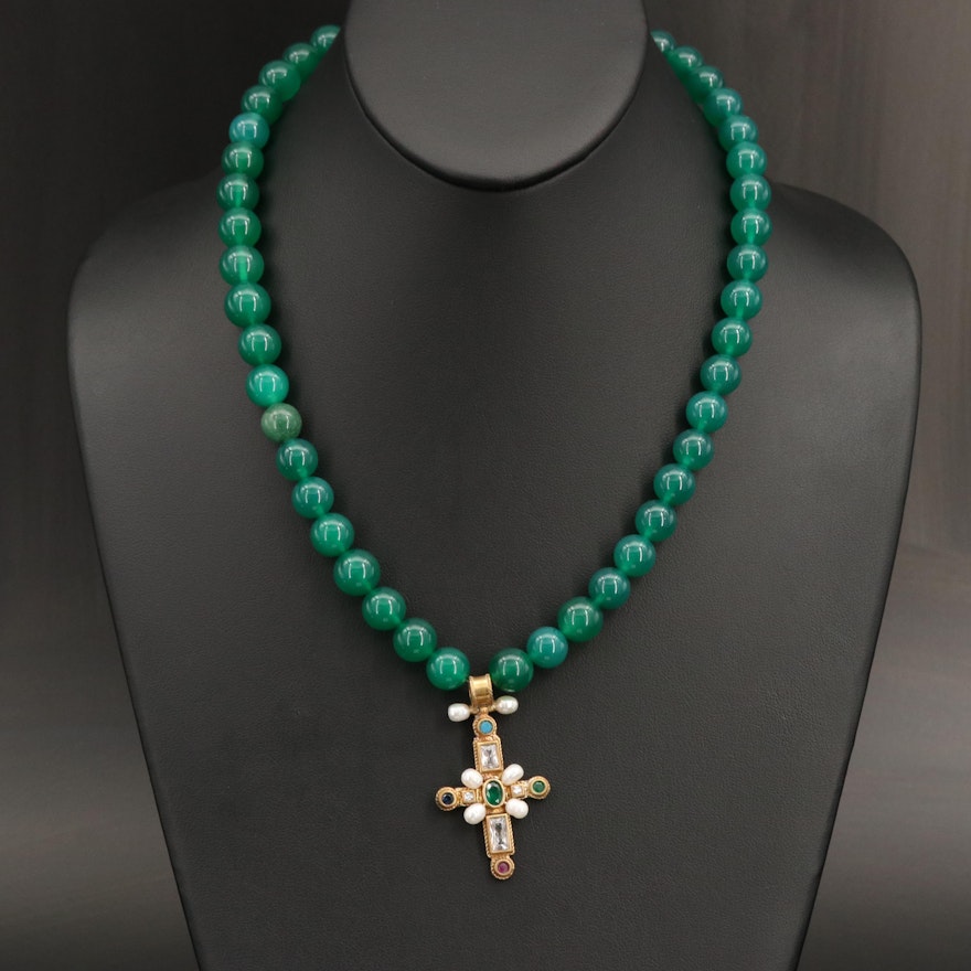 Sterling Chalcedony, Pearl and Gemstone Cross Necklace