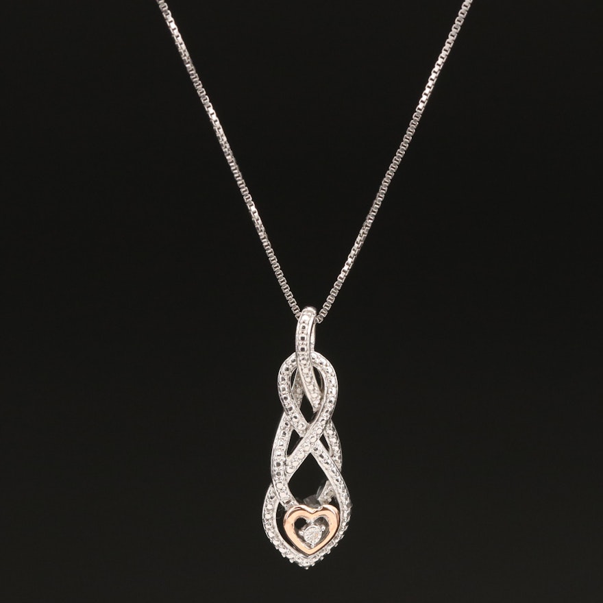 Sterling Diamond Heart Drop Pendant Necklace with 10K Rose Gold Accent