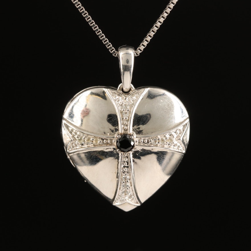 Sterling Black Spinel and Topaz Cross and Heart Locket Necklace