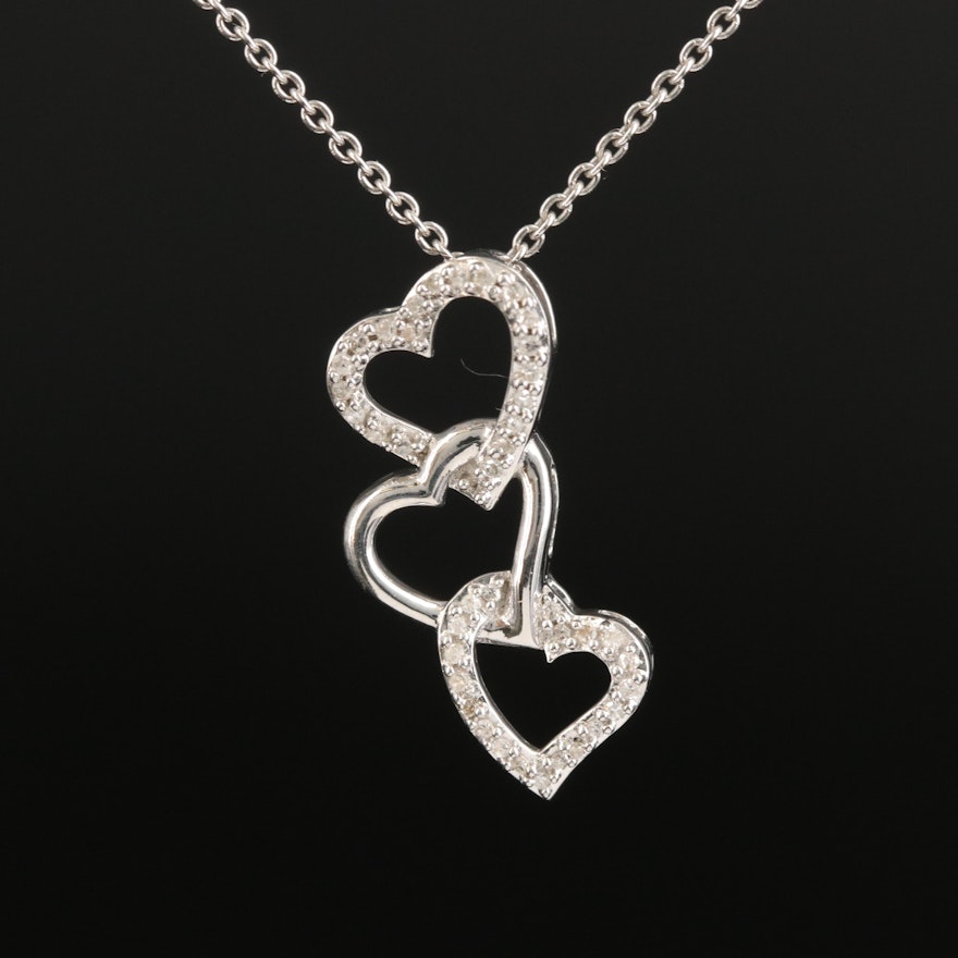 Sterling Diamond Three Heart Drop Pendant Necklace