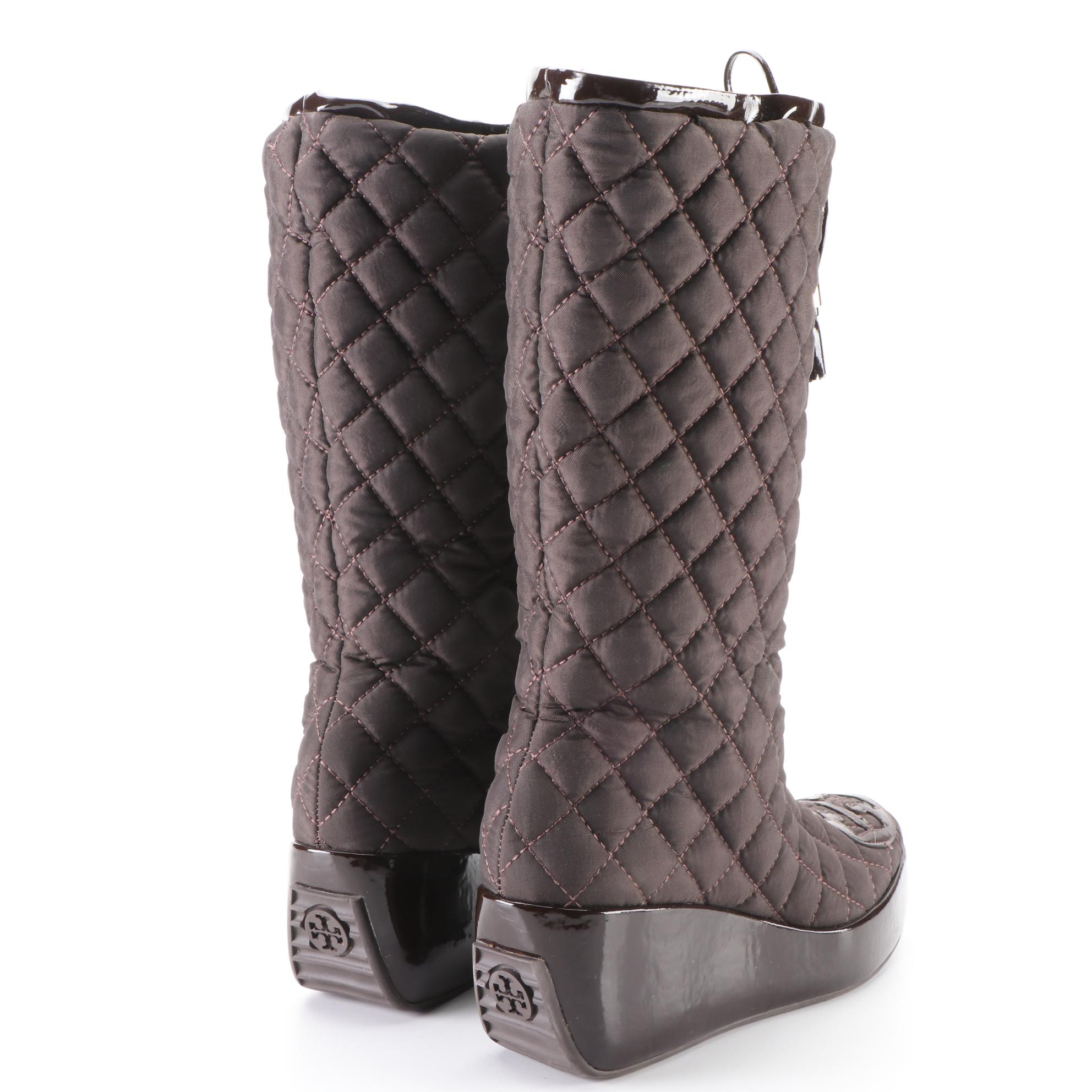 Tory Burch Gigi Platform Boots in Brown Quilted Nylon and Leather