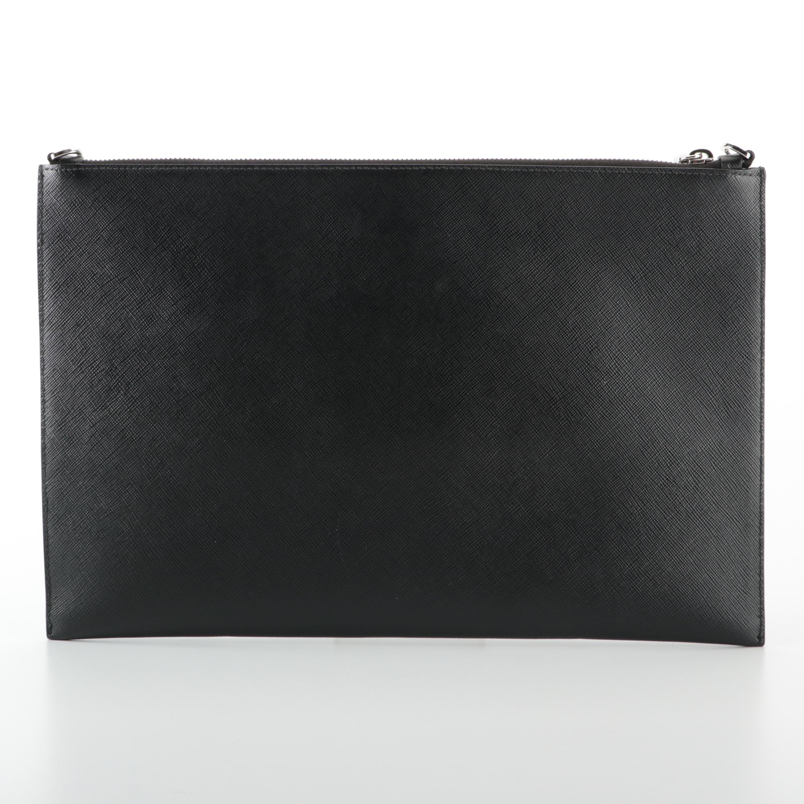 Prada Medium Wristlet Zip Clutch in Printed Black Saffiano Leather with Strap