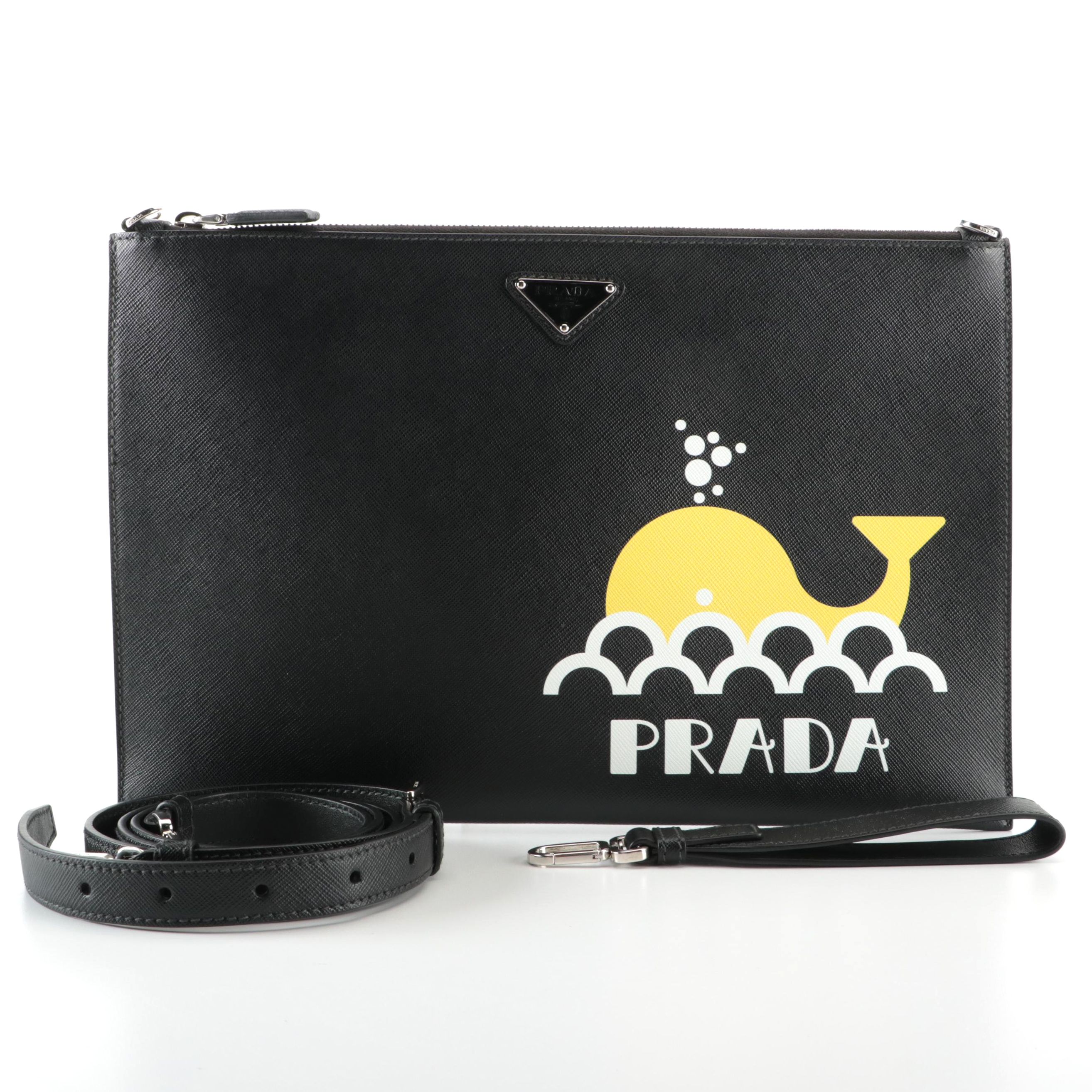 Prada Medium Wristlet Zip Clutch in Printed Black Saffiano Leather with Strap