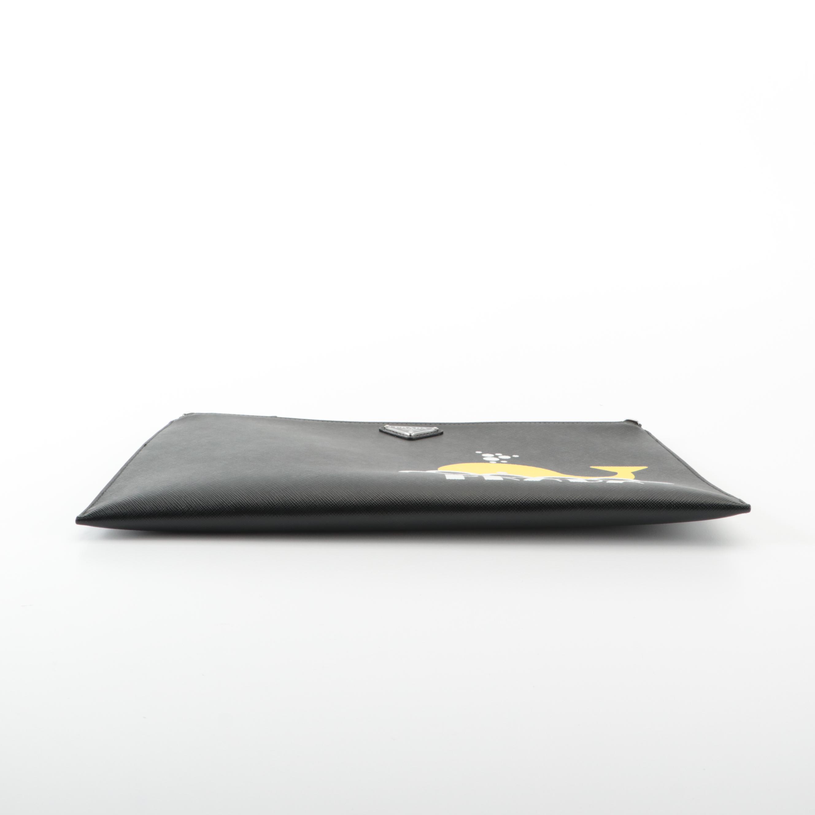 Prada Medium Wristlet Zip Clutch in Printed Black Saffiano Leather with Strap