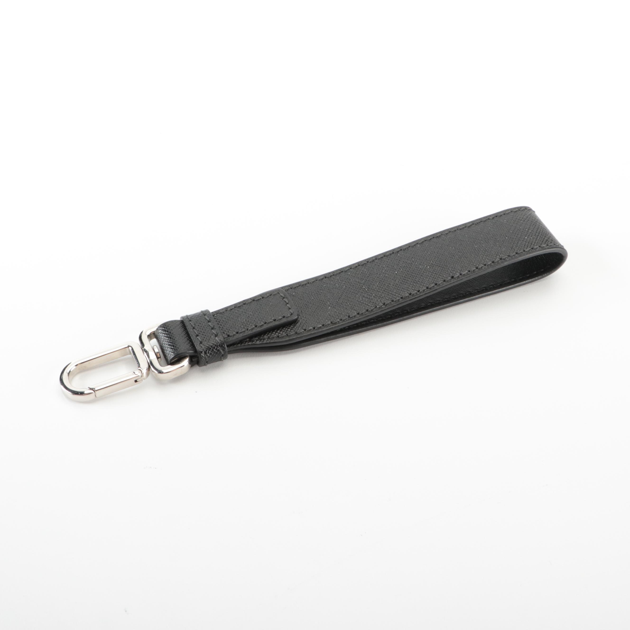 Prada Medium Wristlet Zip Clutch in Printed Black Saffiano Leather with Strap