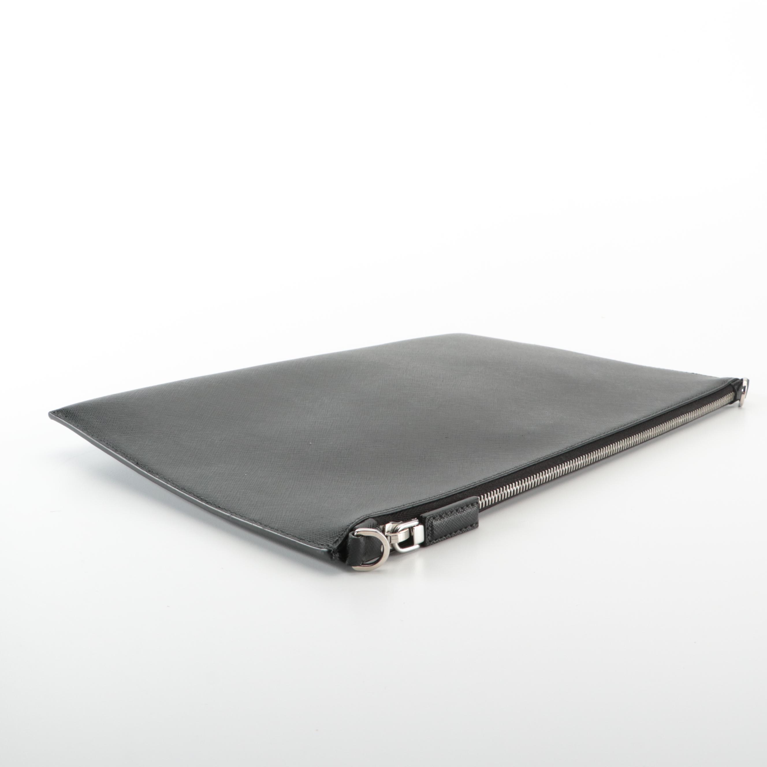 Prada Medium Wristlet Zip Clutch in Printed Black Saffiano Leather with Strap