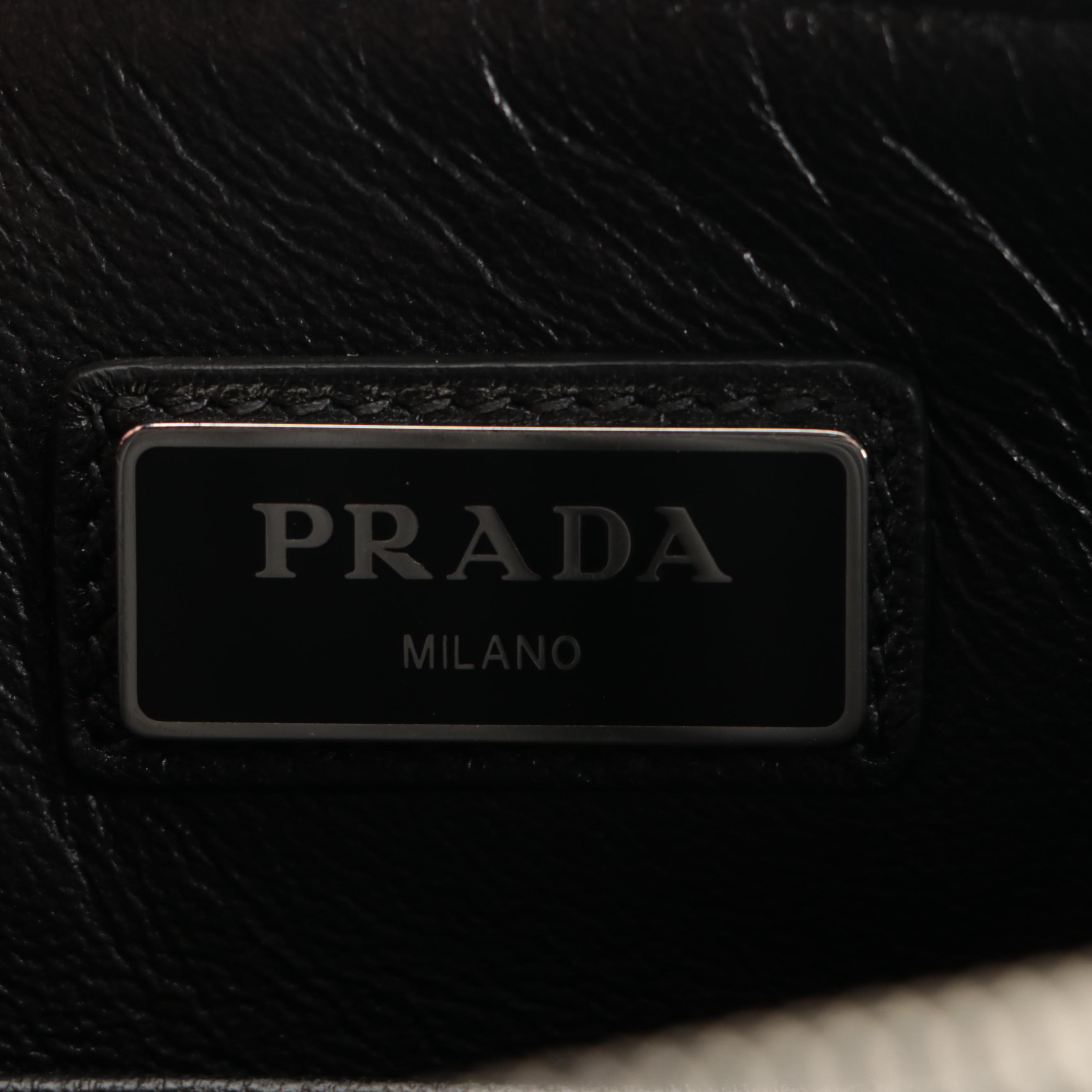 Prada Medium Wristlet Zip Clutch in Printed Black Saffiano Leather with Strap