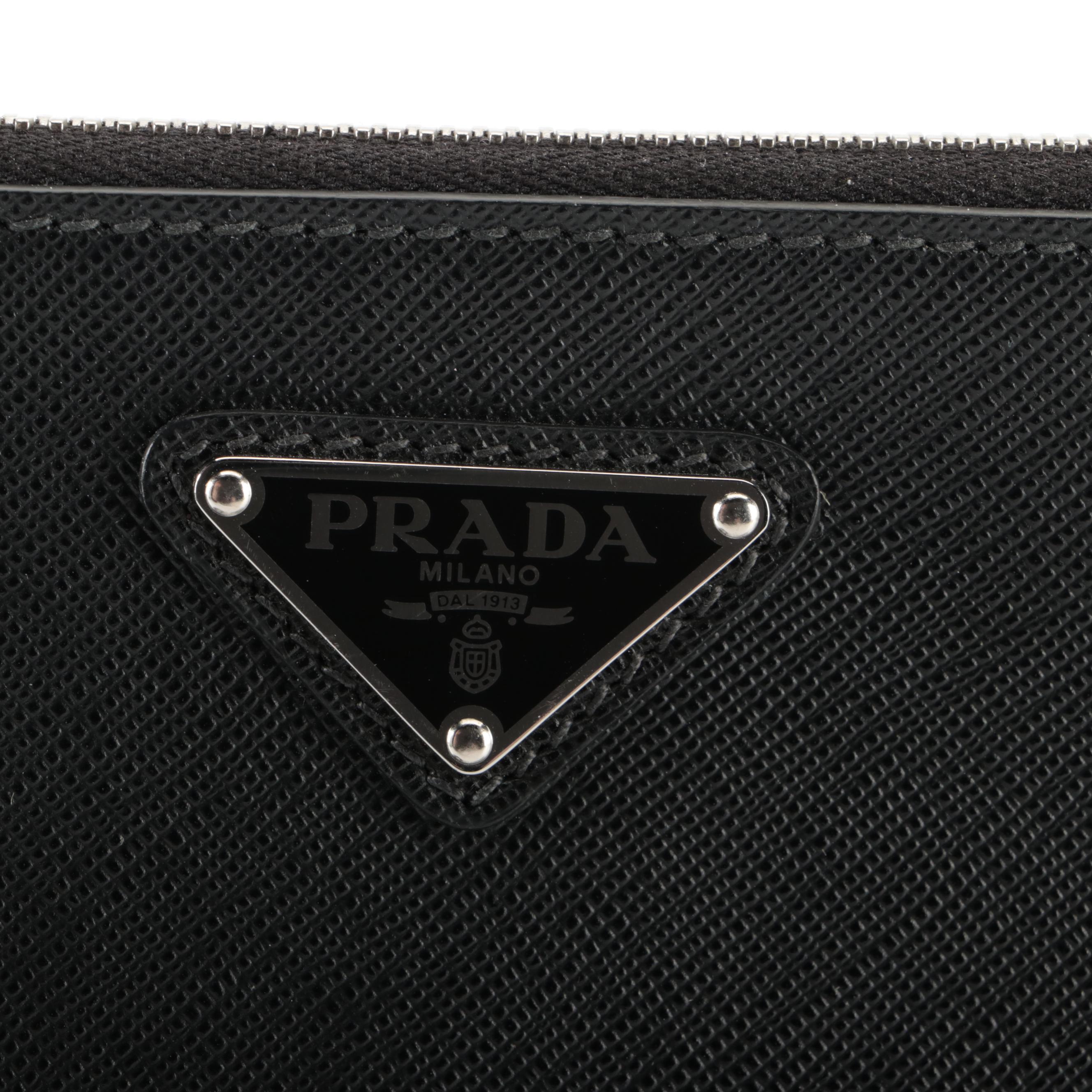 Prada Medium Wristlet Zip Clutch in Printed Black Saffiano Leather with Strap