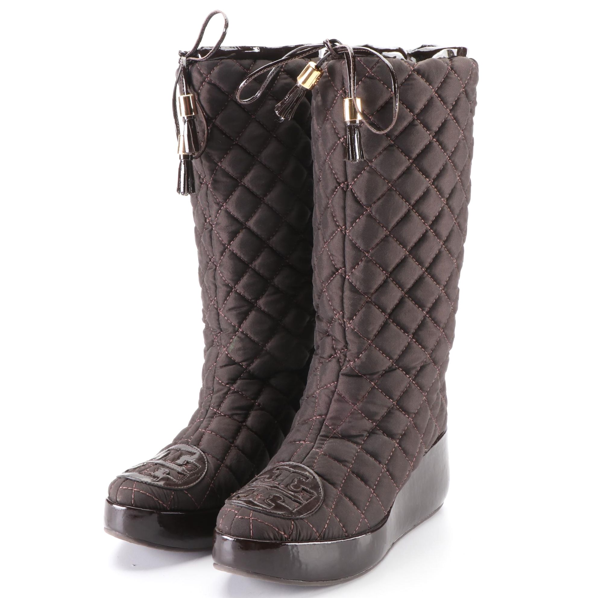 Tory Burch Gigi Platform Boots in Brown Quilted Nylon and Leather
