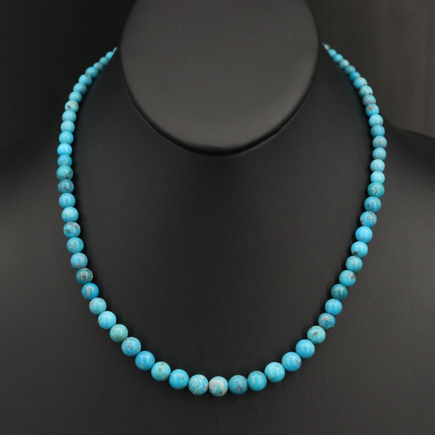 Turquoise Round Bead Graduating Necklace with 14K Clasp