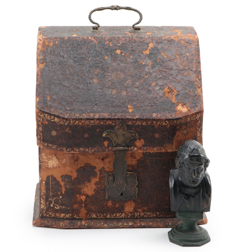 French Leather-Clad Document Box and Miniature Patinated Brass Bust of Plato