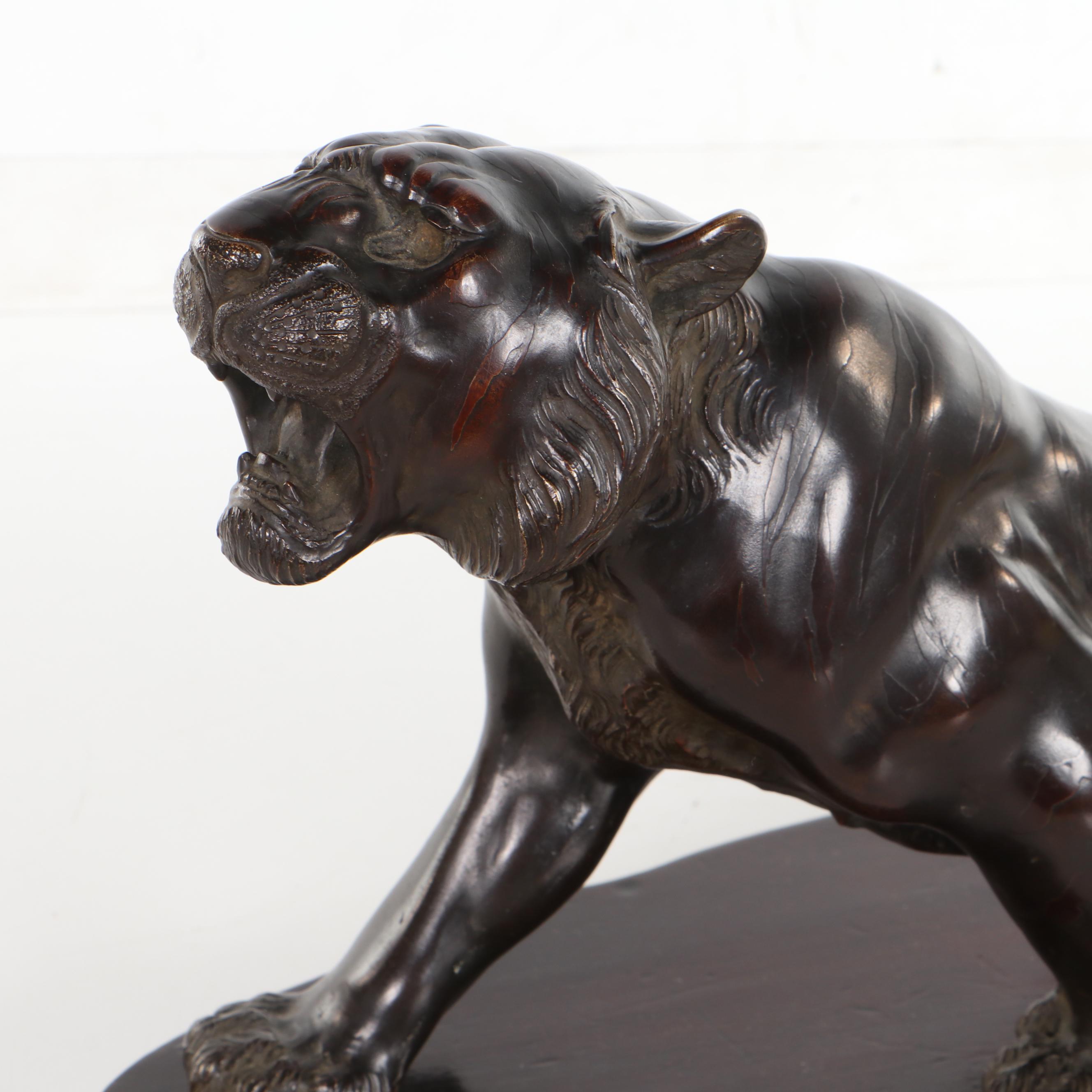 Japanese Bronze Tiger Sculpture on Wooden Base, After a Model by Nyozan Tsukuru