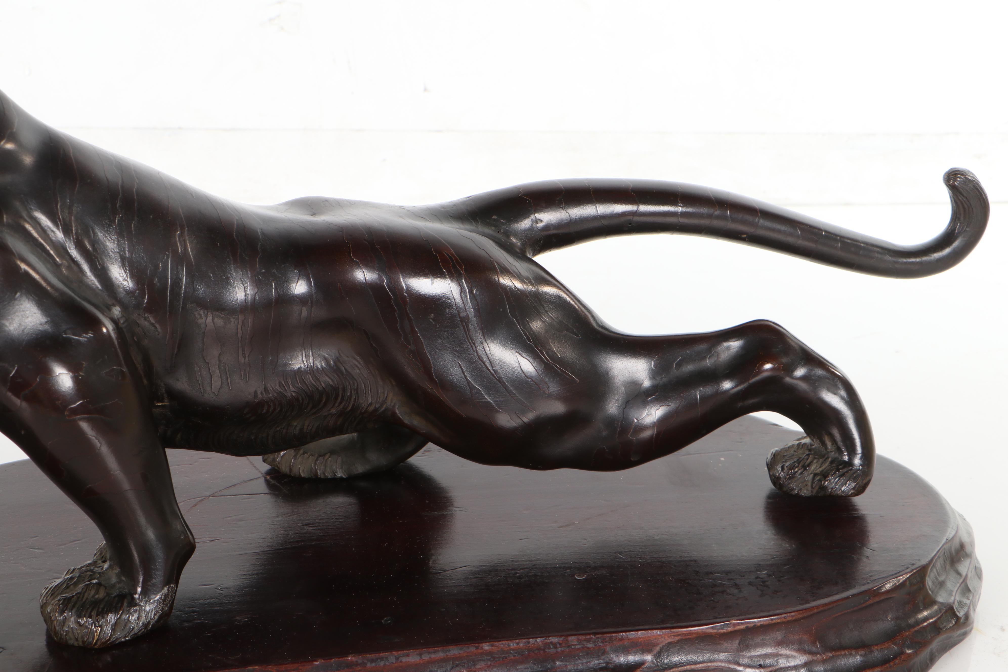 Japanese Bronze Tiger Sculpture on Wooden Base, After a Model by Nyozan Tsukuru