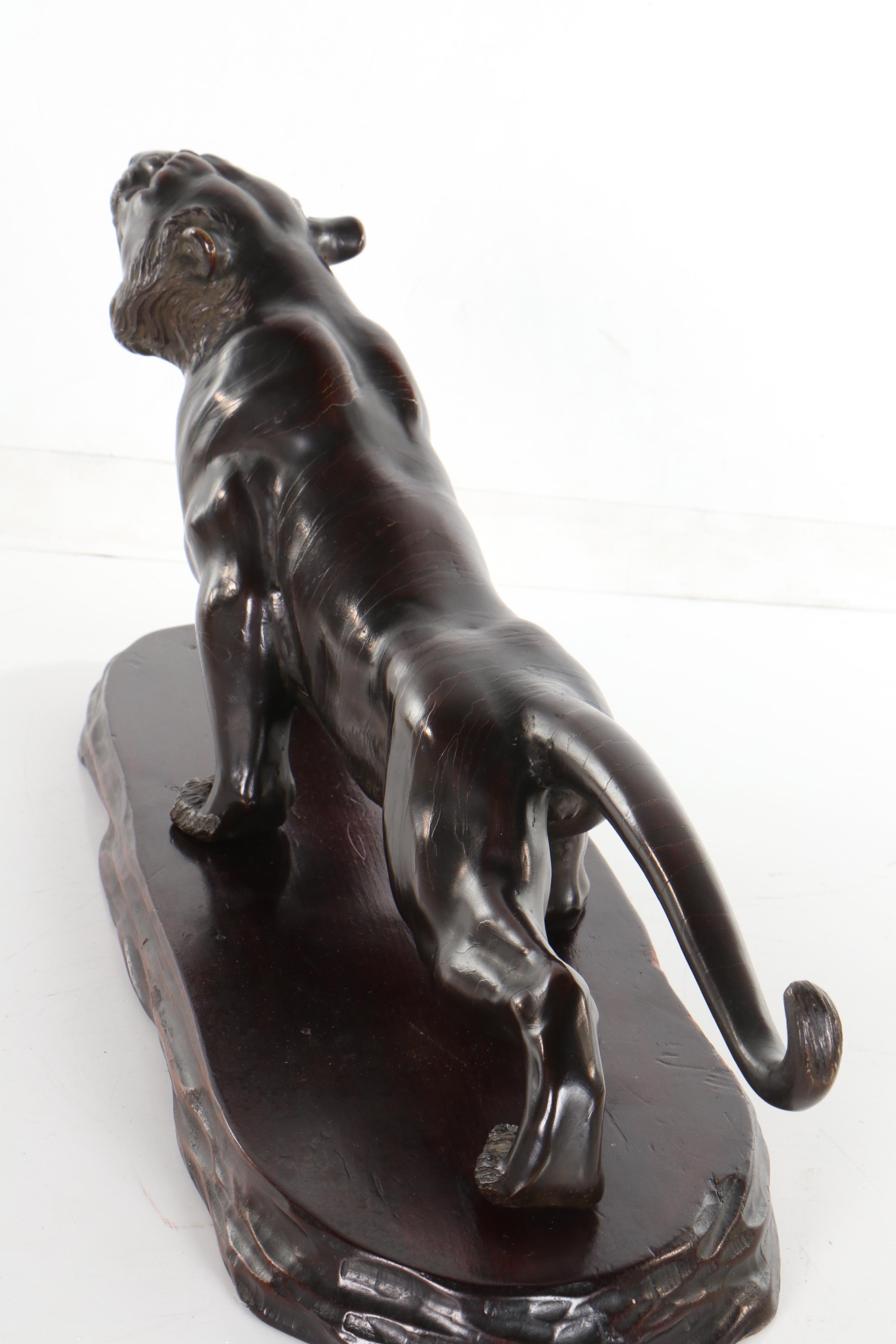 Japanese Bronze Tiger Sculpture on Wooden Base, After a Model by Nyozan Tsukuru