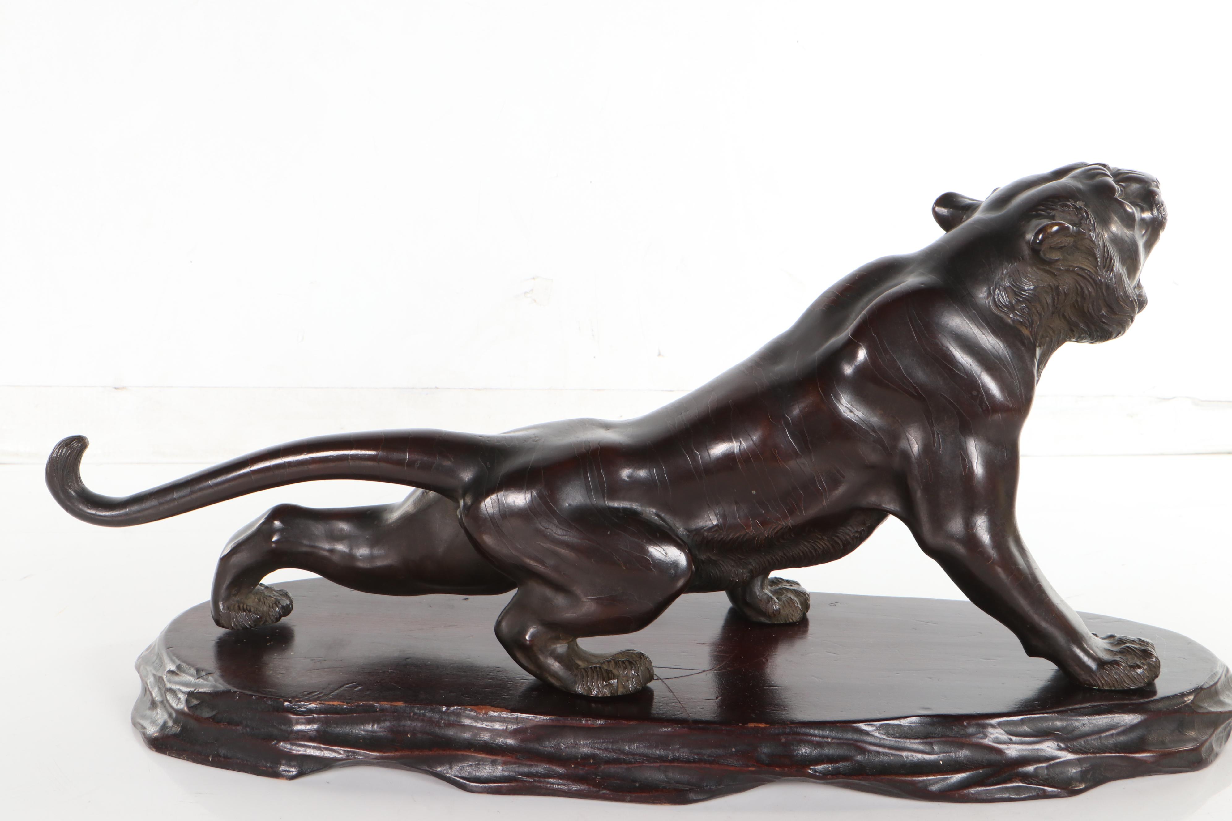 Japanese Bronze Tiger Sculpture on Wooden Base, After a Model by Nyozan Tsukuru