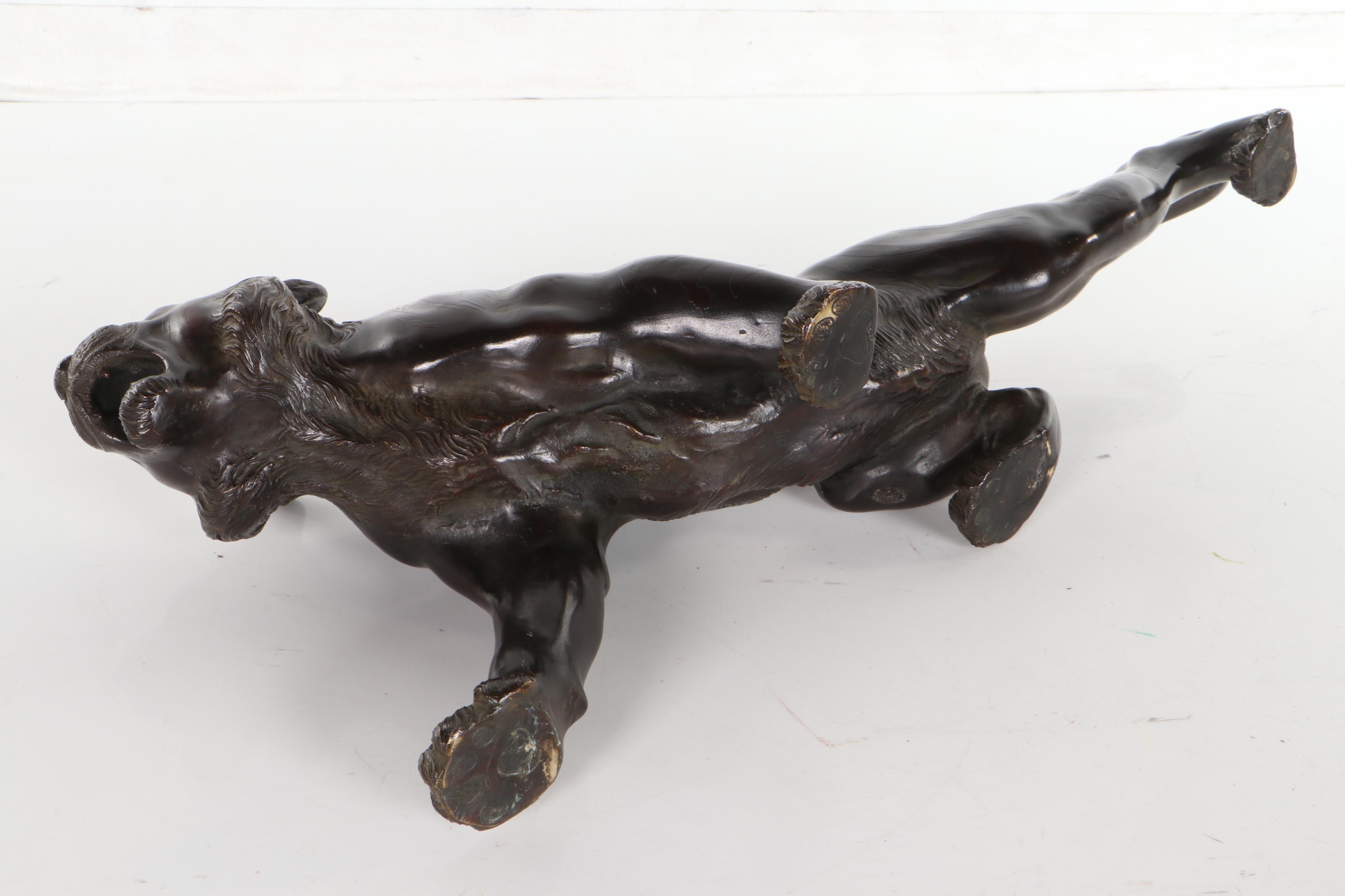 Japanese Bronze Tiger Sculpture on Wooden Base, After a Model by Nyozan Tsukuru