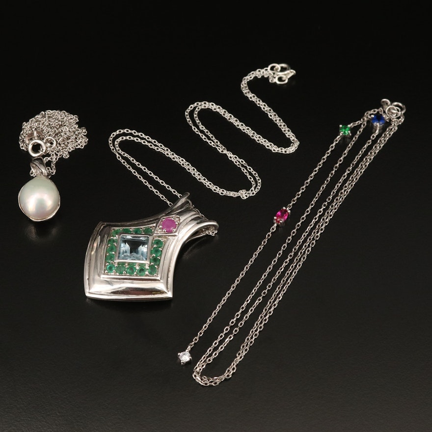 Sterling Topaz, Emerald and Ruby Pendant and Drop Necklaces