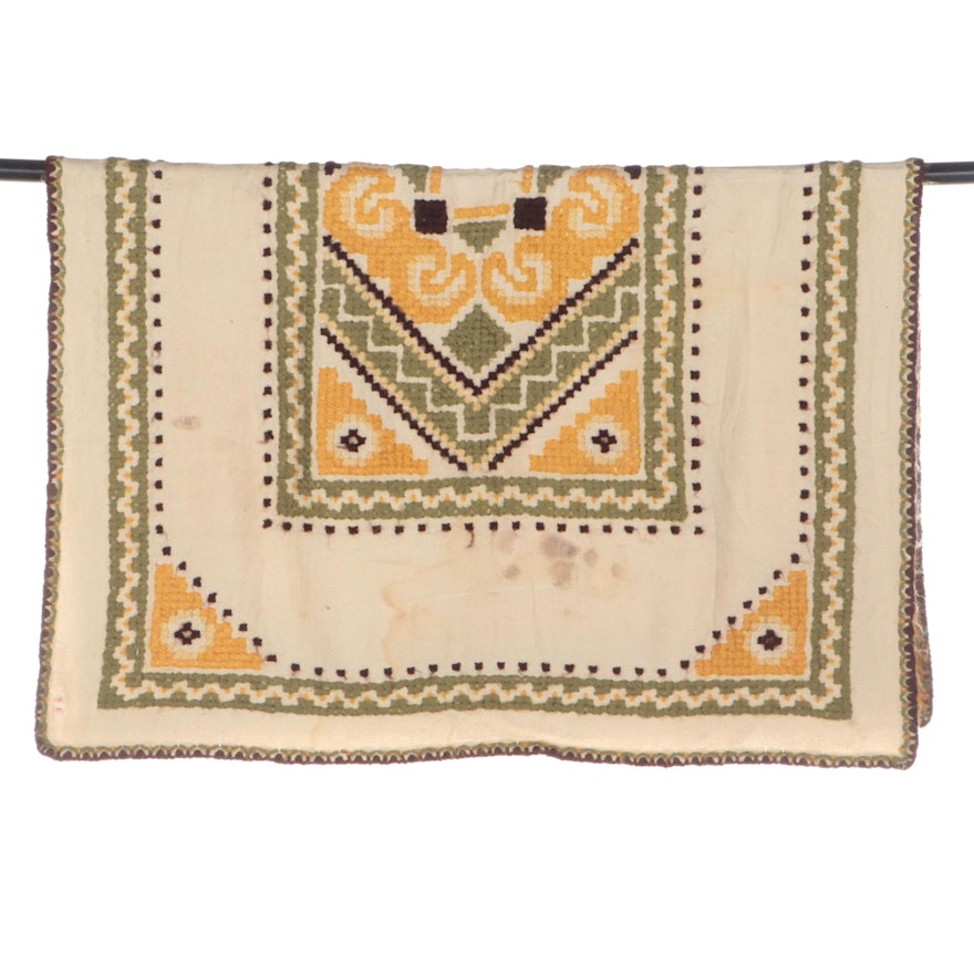 Geometric Motif Embroidered Cross-Stitch Textile Covering or Wall Hanging