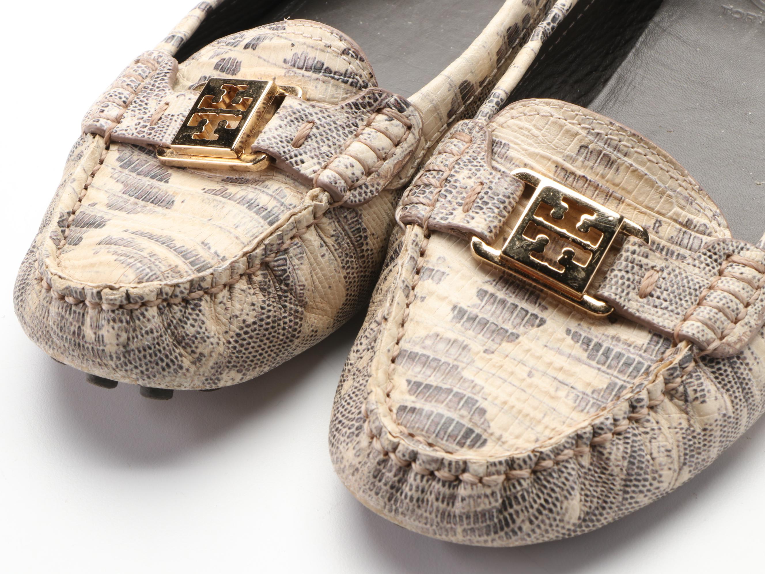 Tory Burch Lizard-Effect Printed Leather Driving Loafers