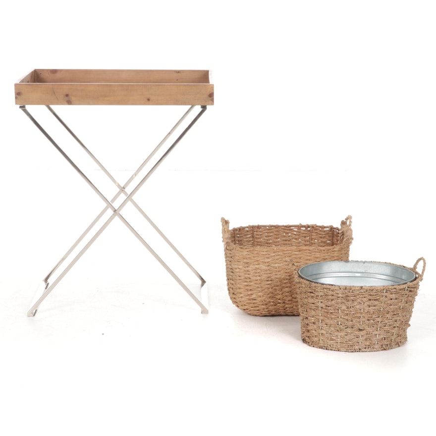 West Elm Chromed Metal and Pine Top Tray Table with Seagrass Baskets
