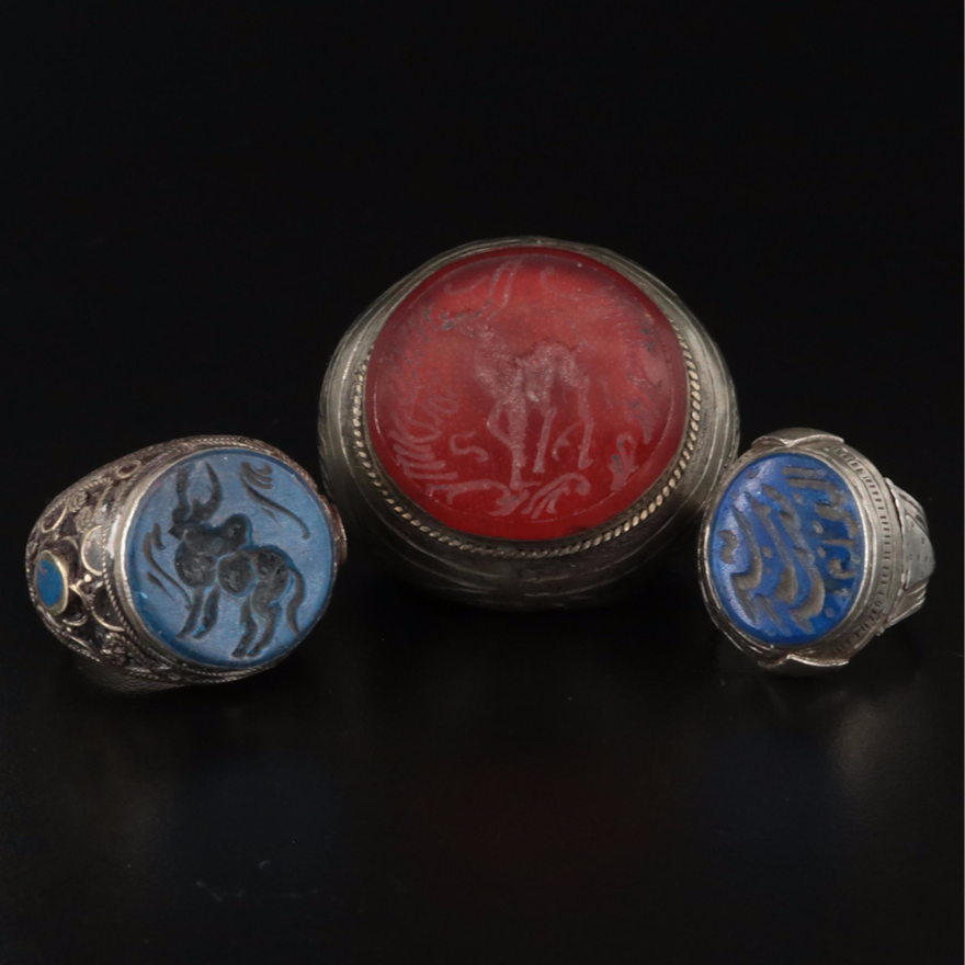 Vintage Afghan Intaglio Aqeeq Pashtun and Kuchi Tribal Rings Including Sterling