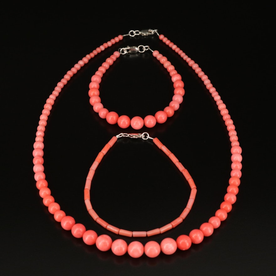 Coral Beaded Necklace and Bracelets with Sterling Clasp